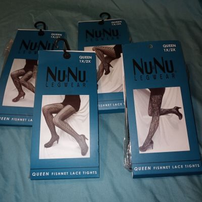 Fishnet Lace Tights Queen 1X 2X Black 4 Pair By Nu & Nu Legwear Halloween New B2